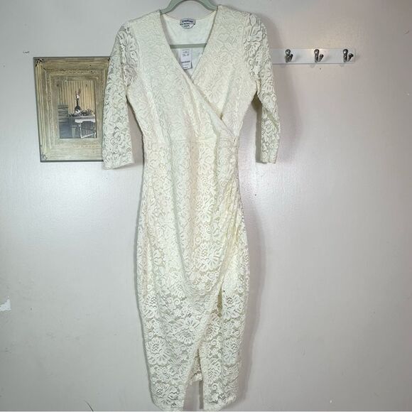 Bebe Cream Ruched Wrap Dress with V-Neck - Picture 1 of 6
